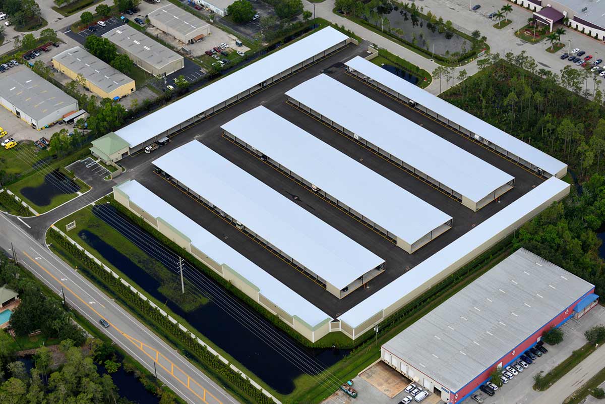 Aerial photo of storage facility for automobiles, boats and recreational vehicles. 